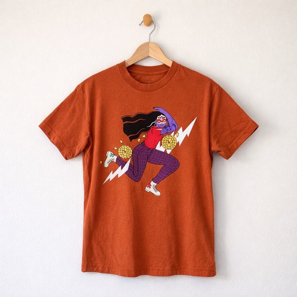 Dia Pacheco x Golden Hour‎ Graphic T-Shirt Rust Orange XS Cotton Mexican Art